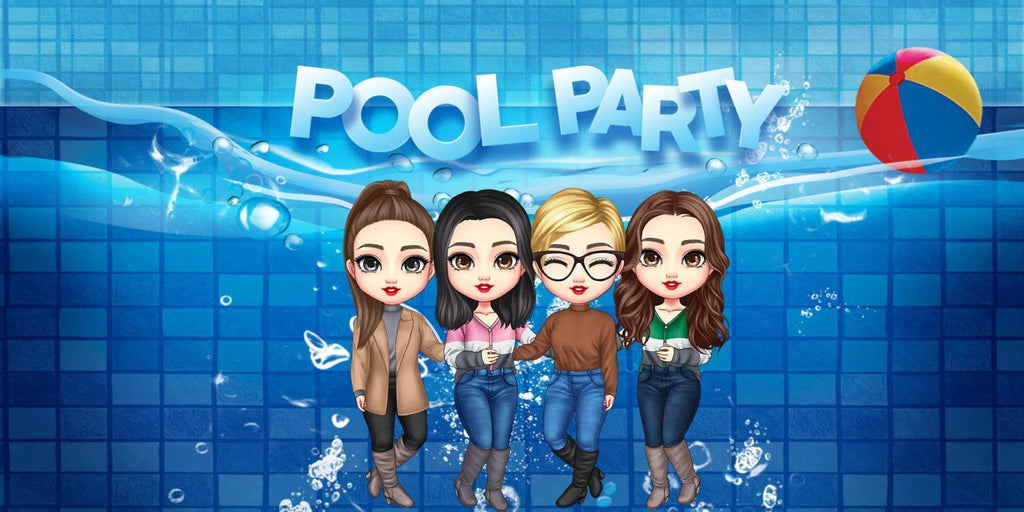 איור קריקטורה של ארבע חברות במועדון בריכה למסיבת רווקות מקורית עם טקסט Pool Party