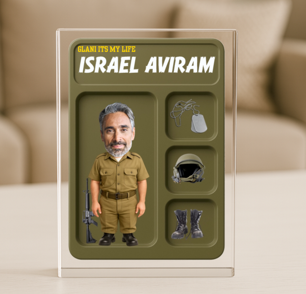 Personalized soldier photo block with real face image and military accessories in a green action figure style display case