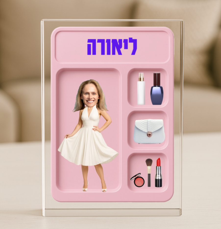 Personalized photo block with a stylish woman figure, pastel pink background, and customizable name and message design.
