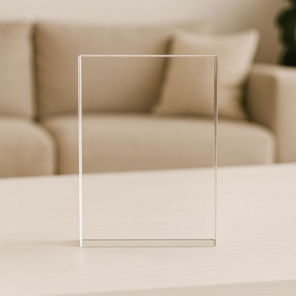 Clear acrylic freestanding photo block with custom UV back printing, available in 10x15 cm or 13x18 cm sizes, freestanding design