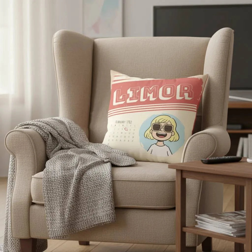 כרית נוי בעיצוב אישי בסגנון רטרו עם הדפס שם וקריקטורה על כיסא בסלון מודרני