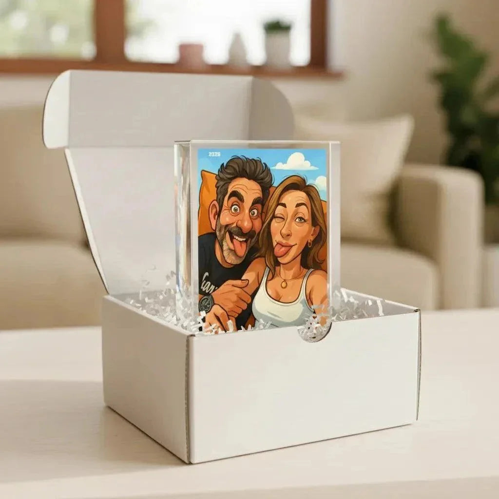 בלוק אקרילי בעיצוב אישי עם קריקטורה זוגית צבעונית מודפסת בטכנולוגיית UV איכותית