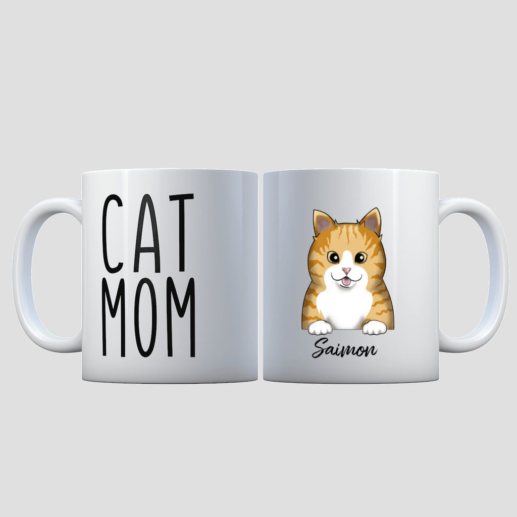 ספל CAT MOM בעיצוב אישי עם הדפס חתול חום לבן ושם מותאם אישית