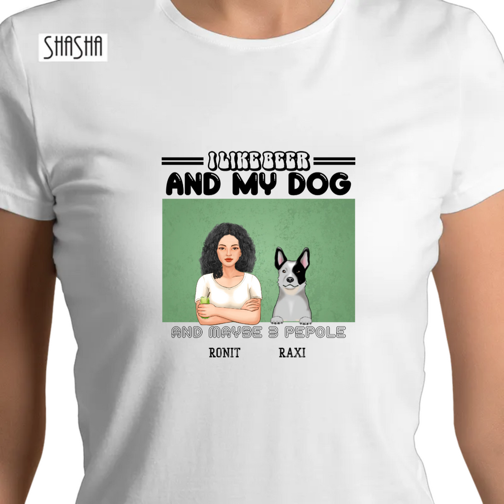 חולצה I LIKE BEERחולצה Iחולצה T בצבעים שונים. מודפסת אישה קריקטורה וכלב, ניתן לשנות את הדמות ואת סוג הכלב ולהוסיף שמות אונליין.
