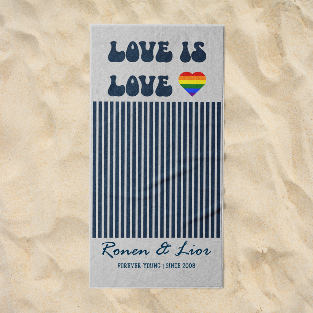 מגבת חוף - LOVE IS LOVEמגבת חוף - LOVEמגבת חוף LOVE IS LOVE היא מוצר איכותי ומעוצב בעיצוב פסים קיץ 2023 המעניקים מראה מרענן ועדכני למגבת. המגבת מיוצרת מבד מקרופייבר רך ונעים במיוחד. ניתן להוסיף שם או משפTOWEL